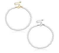 Liitata Tobillera de 2 piezas de perlas de imitación Tobillera de perlas redondas Tobillera Boho Ajustable Verano Hawaii Playa Pie Joyas para Mujeres Niñas Oro Plata