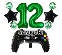 Liitata Videojuego de 12 cumpleaños decorativo para niños, jugadores, cumpleaños, decoración, número 12 globos de aluminio color verde, gran controlador juego globo de estrella para niños cumpleaños