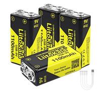 LiitoKala 9V Baterías Recargables, Baterías de Litio Alta Capacidad 1100mAh USB-C con luz Indicadora para Alarmas de Humo, Detectores de Metales, Walkie-Talkies, Dispositivos Médicos Etc. (4 Pack)