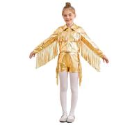 LiiYii Chicas Chándales Danza Jazz Hip Hop Conjunto De Deporte Baile Calle Con Flecos Manteles Chaqueta Deportiva Pantalones Cortos Ropa Correr Gimnasia, dorado, 7-8 Años