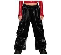 LiiYii Chicas Pantalones Cargo Danza Hip Hop Moderno Jazz Pantalones Danza Calle Disco Carnaval con Múltiples Bolsillos Jogger Pantalones anchos Rendimiento, Negro , 13-14 años