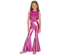 LiiYii Chicas Ropa Danza Tango Latino Americano Con Mantel Lentejuelas Mono Danza Moderno Jazz Crop Top Pantalones Leggings Doblados Traje Discoteca, rosa fuerte, 13-14 Años