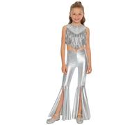 LiiYii Chicas Ropa Danza Tango Latino Americano Con Mantel Lentejuelas Mono Danza Moderno Jazz Crop Top Pantalones Leggings Doblados Traje Discoteca, plata, 5-6 Años