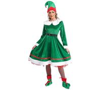 Liiyii - Conjunto de elfos para mujer, traje de terciopelo con elfos sombrero a rayas, calcetines y cinturón, traje de Navidad, lutino, traje completo, ropa, fiesta, divertido, para adultos, verde S