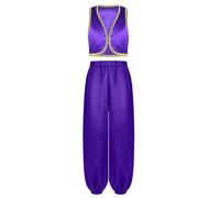 LiiYii - Disfraz de Príncipe Árabe para niño y niño, chaqueta dorada, pantalones de raso conjunto, disfraz de Halloween, Cosplay mágico, morado 15-16