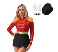 LiiYii - Disfraz de Ringmaster directora circo Uniforme de guardia con mantel de lentejuelas Bodysuit Leotard Disfraz Carnaval Halloween rojo L