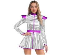 LiiYii - Disfraz para mujer brillante vestido espacial, traje corto para discoteca con cremallera, juego de rol para carnaval, color plateado XL