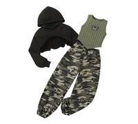 LiiYii Niñas Ropa Deportiva De Danza De La Calle Piezas Chándal De Gimnasio Baile Hip Hop Sudadera Con Capucha Manga Larga Camiseta De Deporte Pantalones Cargo, Negro Verde Ejército, 11-12 Años