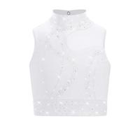 LiiYii Niñas Tops Baile Clásico Moderno Jazz Crop Top Baile Latino Jazz sin Mangas Chalecos Deportivos con Rhinestone Traje Y Deporte, blanco, 5-6 Años