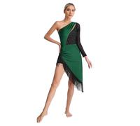 LiiYii - Vestido de baile latino con flecos leotardo danza moderna jazz vestido de un solo hombro con pantalones cortos para espectáculo adulto, verde, XXL