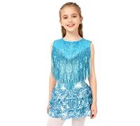 LiiYii - Vestido de baile latino jazz con lentejuelas flecos ropa de patinaje artístico crop top minifalda danza samba rumba salsa vals tango traje espectáculo rendimiento, azul, 13-14 Años