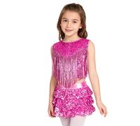 LiiYii - Vestido de baile latino jazz con lentejuelas flecos ropa de patinaje artístico crop top minifalda danza samba rumba salsa vals tango traje espectáculo rendimiento, rosa fuerte, 15-16 Años