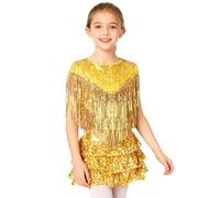 LiiYii - Vestido de baile latino jazz con lentejuelas flecos ropa de patinaje artístico crop top minifalda danza samba rumba salsa vals tango traje espectáculo rendimiento, dorado, 5-6 Años