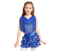 LiiYii - Vestido de baile latino jazz con lentejuelas flecos ropa de patinaje artístico crop top minifalda danza samba rumba salsa vals tango traje espectáculo rendimiento, azul marino, 9-10 Años