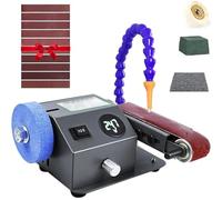 Lijadora de banco húmeda, mini afilador de cuchillos eléctrico de 350 W con velocidad ajustable, 10 bandas de lijado, amoladora de banco para cuchillos, máquina pulidora con afilado húmedo y seco