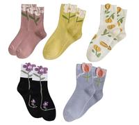 LiJuanWang Calcetines Florales,5 Pares de Calcetines de Algodón Transpirables con Bordados y Estampado Floral,para Deporte y Uso Diario,para Regalos de Mujeres y Niñas