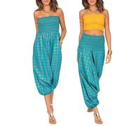likemary Pantalones harén de verano para mujer, 2 en 1, con bolsillos, se convierte en un mono bandeau, cintura elástica para vacaciones y ocio, Turquesa y Oro, S-XL