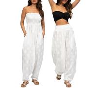 likemary Pantalones harén para mujer - Maxi mameluco que se tira hacia abajo en pantalones de algodón con estampado bohemio - Talla única 2 en 1 traje y bolsillos, Loto blanco, Talla única