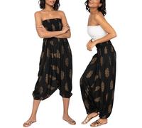 likemary Pantalones para mujer Reino Unido - Se mete en un mono sin tirantes - Pantalones de verano 2 en 1 con cintura elástica estampada con bolsillos o mono bandeau, Negro Y Oro, S-XL