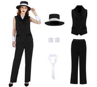 LIKUNGOU Disfraz de Gángster Mafia para Mujeres Años 20 Raya Diplomática Boss Traje Halloween Fiesta Set (S)