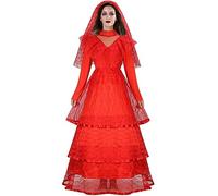 LIKUNGOU Disfraz de Novia Lydia para Mujer, Vestido Rojo de Encaje Gótico con Velo Nupcial Halloween Traje de Cosplay