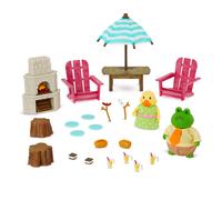 Lil Woodzeez - Casa de mu ecas con muebles de jard n - Juego de casa de mu ecas en miniatura con fogata y sillas - Incluye 2 figuras articuladas
