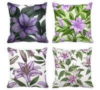 Lila Fundas Cojines 80X80 Juego de 4 Cojines Exterior Suave Cuadrado Lavables Funda Cojin Flor Patrón con Cremallera Invisible para Decoracion Hogar Salon Sofá Exterior Jardín Cushion Cover C21-G