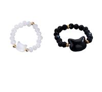 LilaLemon 2 anillos de obsidiana negra de gato, anillo de cuentas de piedra elástica para mujeres, hombres y niñas, regalos geniales de buena suerte para los amantes de los gatos