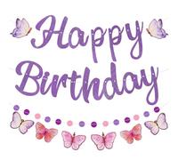Lilbitty 1 juego de decoración de cumpleaños lila con mariposas, guirnalda de feliz cumpleaños para mujeres y niñas, juego de decoración de fiesta de cumpleaños, no DIY pancarta de cumpleaños,