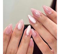 Lilbitty 24 uñas postizas con forma de almendra, color rosa desnudo, para pegar, uñas acrílicas con brillo largo, con pegamento y accesorios, uñas artificiales para manicura, diseño de uñas de aguja