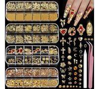 Lilbitty Gold Nail Charms y Nail Gems Set, 4 Cajas de Perlas de Uñas y Piedras, Charms de Uñas 3D Cruz Corazón, Accesorios de Nail Art con Pinzas y Lápiz de Cera