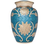 Liliane Memorials Urna de cremación para cenizas humanas, hecha a mano y grabada en latón, exhibición en casa o en Niche en Columbario - Modelo Lisette (esmalte azul con flores doradas, grande/adulto)