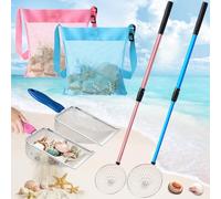 Liliful 6 herramientas de descascarillado para playa, incluyen 2 tamices de arena de playa con mango ajustable, 2 palas de malla de playa, 2 bolsas de recogida de concha de malla para recoger dientes