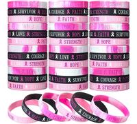 Liliful Paquete de 48 pulseras de silicona para concienciación sobre el cáncer de mama, pulseras de cinta rosa, esperanza, fe, coraje, superviviente, pulseras inspiradoras para concienciación sobre el