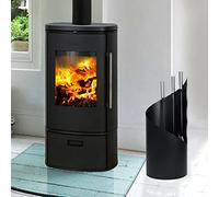 LILIIN Juego de accesorios modernos para chimenea de acero inoxidable, 4 piezas, incluye escoba, pala, atizador, pinzas y soporte con protección visual, color negro