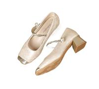 LILIIN Zapatos de tacón clásico Mary Jane de 6 cm, diseño francés con correa transversal y parte superior de brocado, cómodos para mujer, champán, 39 EU