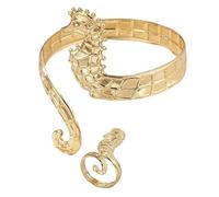 Lilinzhi Elegante brazalete y anillos de caballito de mar de extremo abierto, hecho a mano, accesorio impermeable para los amantes de la moda, joyería única