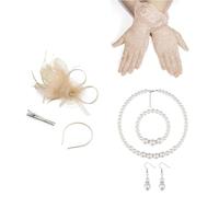 Lilinzhi Juego de tocado, collar, guantes y horquilla, para mujer, elegante decoración de plumas y flores para días y fiestas de disfraces, tocado para la cabeza, champán, Talla única
