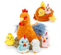 lilizzhoumax Peluche gallina Madre interactiva con Cremallera en el Vientre, Set de Peluche de gallina con 4 Pollitos, muñeco Animales Granja, Regalo cumpleaños Pascua para niños niños y niñas