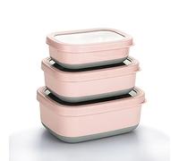 Lille Home Recipientes de alimentos de acero inoxidable de con exterior antideslizante, juego de 3, 470 ml, 900 ml, 1,4 L, a prueba de fugas, sin BPA, control de porciones, color rosa