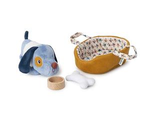 LILLIPUTIENS, Jules con su Cesta, Peluche de Perro, Desde 12 Meses | Juego Simbólico con peluche, Cesta, Hueso de Tela, Comedero de Madera, Chaleco Extraíble y Hocico Magnético