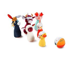 Lilliputiens, Mi Primer Juego de Bolos Granja, Desde 18 Meses | Bolos Suaves y Coloridos de Animales de Granja, Pelota Sonajero y Bolsa, Primer Juego de Lanzamiento y Puntería