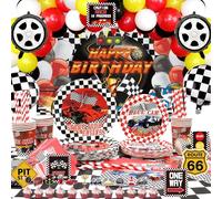 Lilwemen Race Car Birthday Party Decoration, Happy Birthday Racing Car Backdrop, globos, vajilla, cartel para coche, mantel para niños y adolescentes, Let's Go Racing, supplies, serves 20