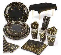 Lilydora Set de Cumpleaños Negro y Oro - 16 Invitados - Platos Desechables, Vasos, Servilletas, Pajitas de Papel, Mantel - para Graduación, Halloween, Aniversarios, Fiestas
