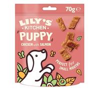Lily's Kitchen Elaborado con ingredientes naturales paquete de golosinas para cachorros trocitos de pollo con salmón receta sin cereales 8 × 70g