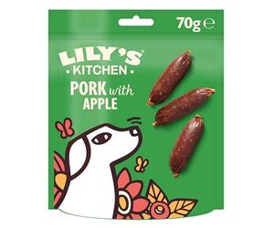 Lily's Kitchen Elaborado con ingredientes naturales paquete de golosinas para perros adultos salchichas de cerdo crujiente con manzana receta sin cereales 8 × 70g