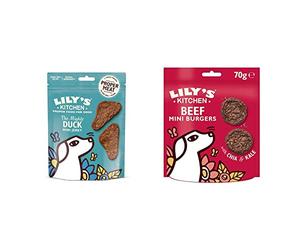Lily's Kitchen The Mighty Duck Mini Jerky Dog Treat (8 x 70 g) & Dog Treats The Best Ever Beef Mini Burgers (8 x 70 g)