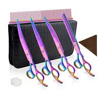 Lilys Pet profesional mascotas perros gatos revestimiento Titan kosmetisches Tijeras Set, recto & dientes Tijeras & curvada superior & Inferior curvada Tijeras y peine & Paño De Limpieza & Tornillos regulador & Tijeras Bolsa