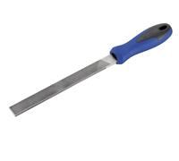 Lima plana de 250 mm en bimaterial, ideal para alisar y dar acabado a superficies en trabajos de carpintería y metalistería.