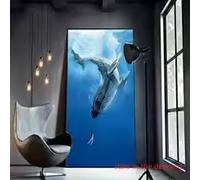 LIMAIDUO Cuadro abstracto de una ballena y una niña en las profundidades del océano, con olas azules. Impresión en lienzo para pared, ideal para la decoración del hogar (40x80cm/sin marco).